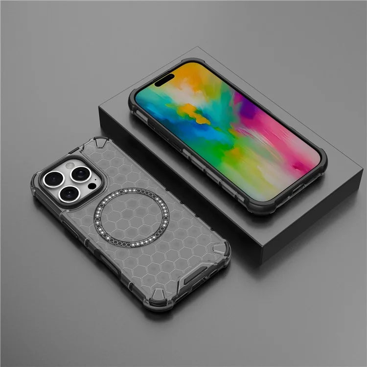 For iPhone 16 Pro Magnetic Case Reinforced Corner Honeycomb TPU+PC Phone Cover