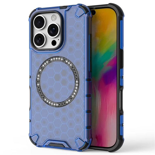 For iPhone 16 Pro Max Magnetic Case TPU+PC Dual Layer Honeycomb Phone Cover