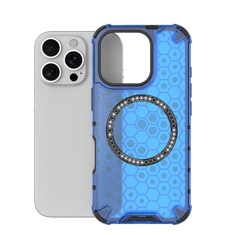 For iPhone 16 Pro Max Magnetic Case TPU+PC Dual Layer Honeycomb Phone Cover