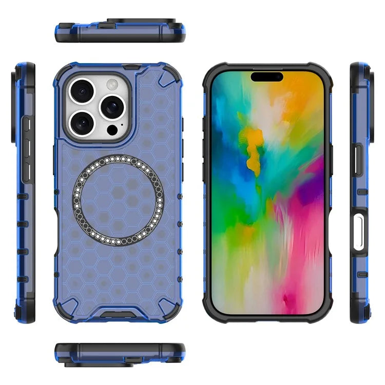 For iPhone 16 Pro Max Magnetic Case TPU+PC Dual Layer Honeycomb Phone Cover