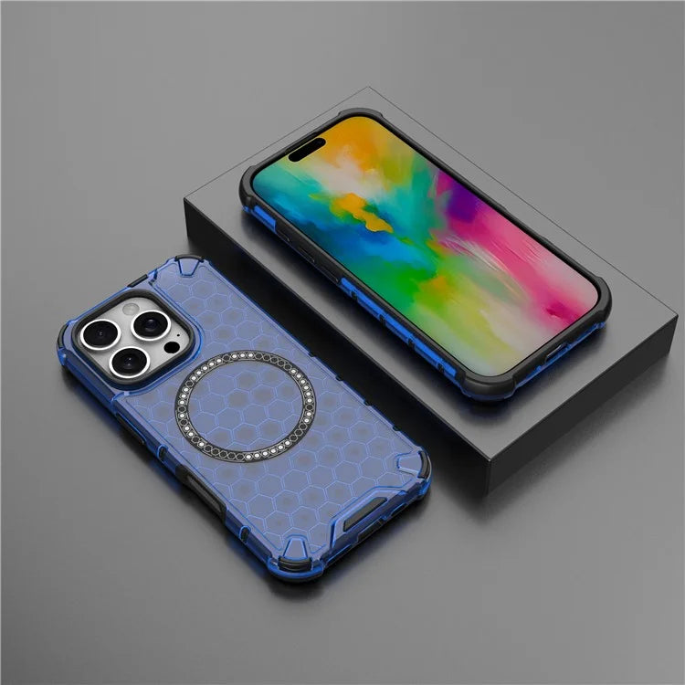 For iPhone 16 Pro Max Magnetic Case TPU+PC Dual Layer Honeycomb Phone Cover