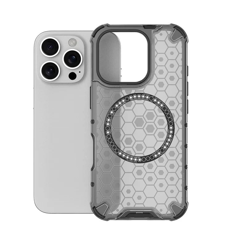 For iPhone 16 Pro Max Magnetic Case TPU+PC Dual Layer Honeycomb Phone Cover