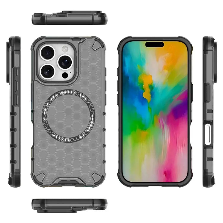 For iPhone 16 Pro Max Magnetic Case TPU+PC Dual Layer Honeycomb Phone Cover