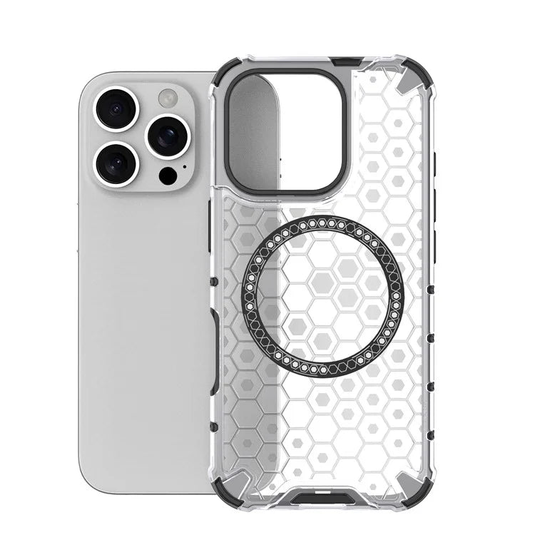 For iPhone 16 Pro Max Magnetic Case TPU+PC Dual Layer Honeycomb Phone Cover