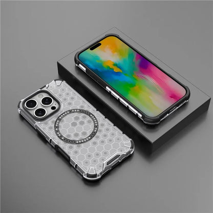 For iPhone 16 Pro Max Magnetic Case TPU+PC Dual Layer Honeycomb Phone Cover