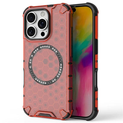 For iPhone 16 Pro Max Magnetic Case TPU+PC Dual Layer Honeycomb Phone Cover