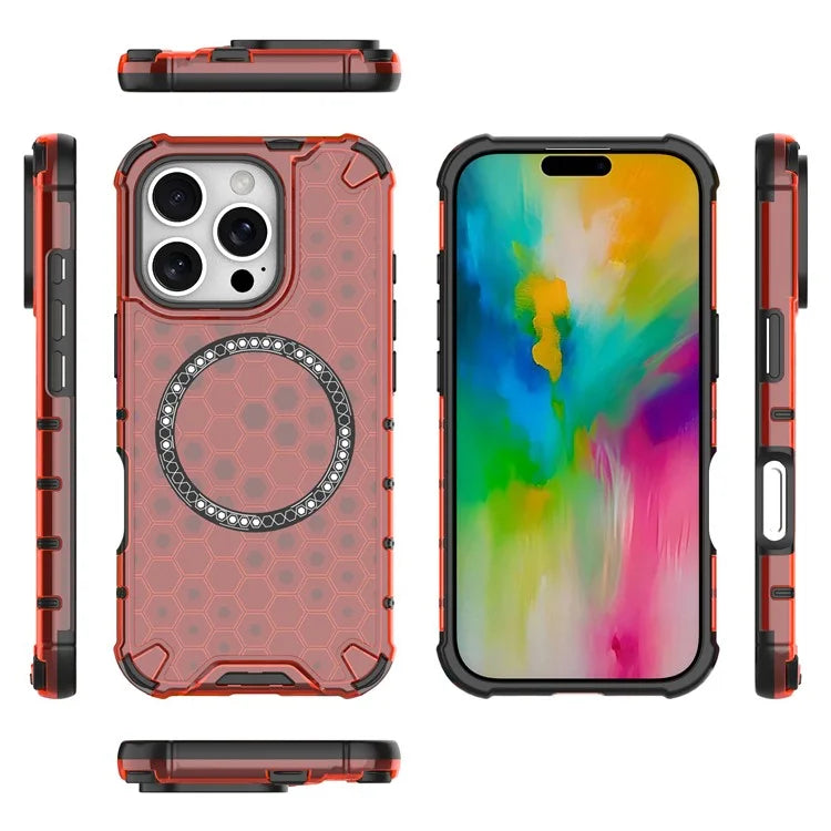 For iPhone 16 Pro Max Magnetic Case TPU+PC Dual Layer Honeycomb Phone Cover