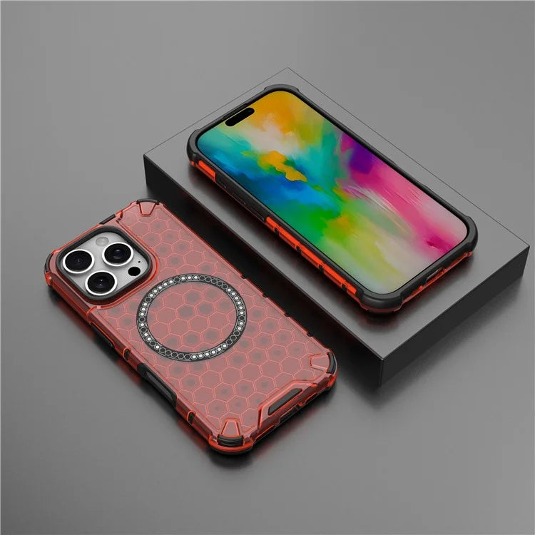 For iPhone 16 Pro Max Magnetic Case TPU+PC Dual Layer Honeycomb Phone Cover