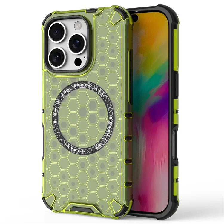 For iPhone 16 Pro Max Magnetic Case TPU+PC Dual Layer Honeycomb Phone Cover