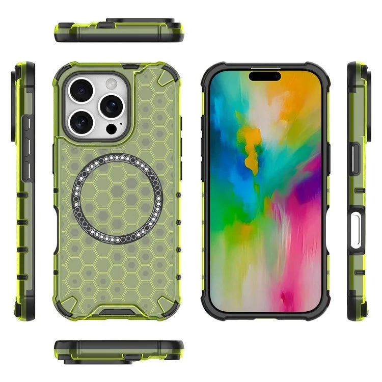 For iPhone 16 Pro Max Magnetic Case TPU+PC Dual Layer Honeycomb Phone Cover