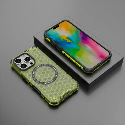For iPhone 16 Pro Max Magnetic Case TPU+PC Dual Layer Honeycomb Phone Cover