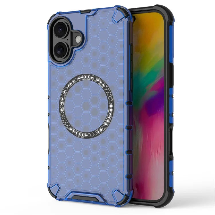 For iPhone 16 Magnetic Case Honeycomb Design TPU+PC Phone Cover Air Cushion Protection