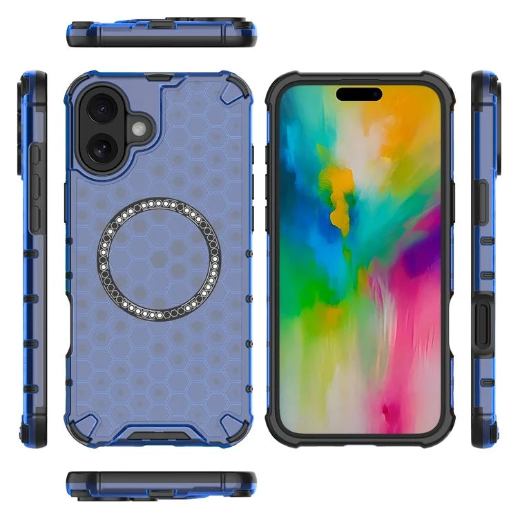 For iPhone 16 Magnetic Case Honeycomb Design TPU+PC Phone Cover Air Cushion Protection