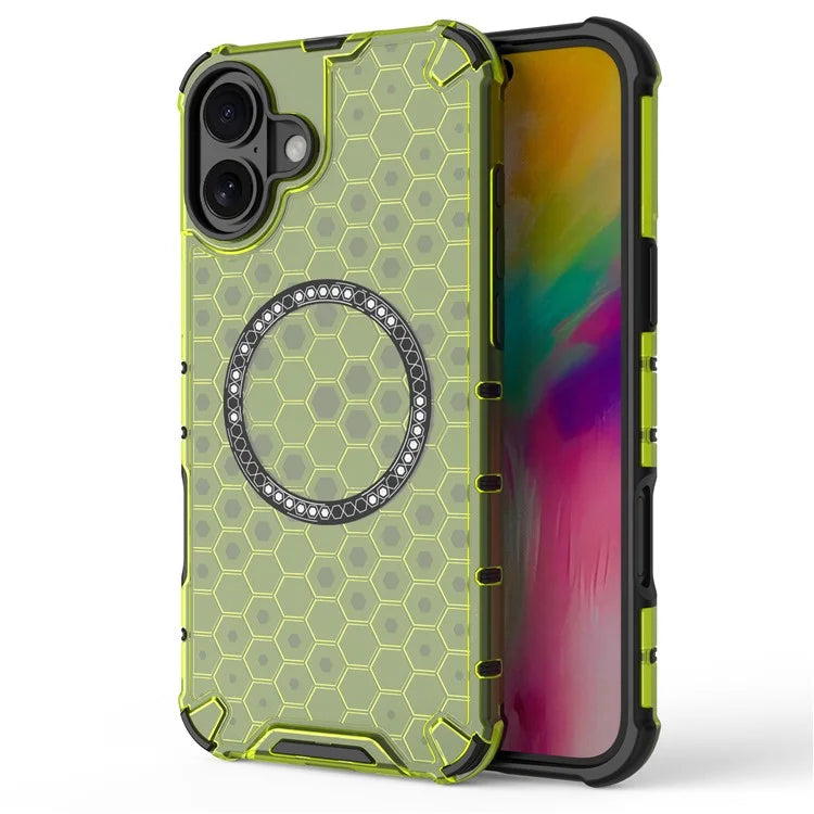 For iPhone 16 Magnetic Case Honeycomb Design TPU+PC Phone Cover Air Cushion Protection