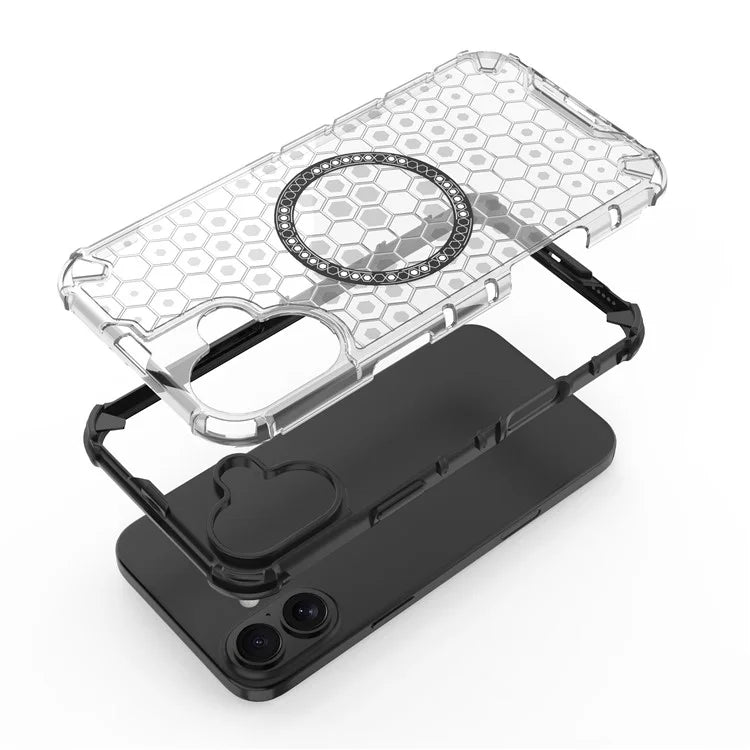 For iPhone 16 Magnetic Case Honeycomb Design TPU+PC Phone Cover Air Cushion Protection