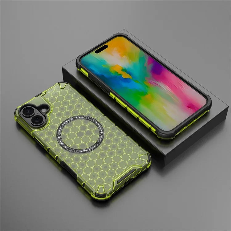 For iPhone 16 Magnetic Case Honeycomb Design TPU+PC Phone Cover Air Cushion Protection