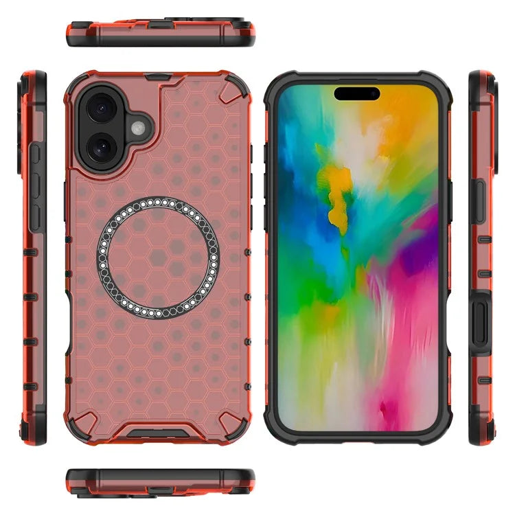 For iPhone 16 Magnetic Case Honeycomb Design TPU+PC Phone Cover Air Cushion Protection
