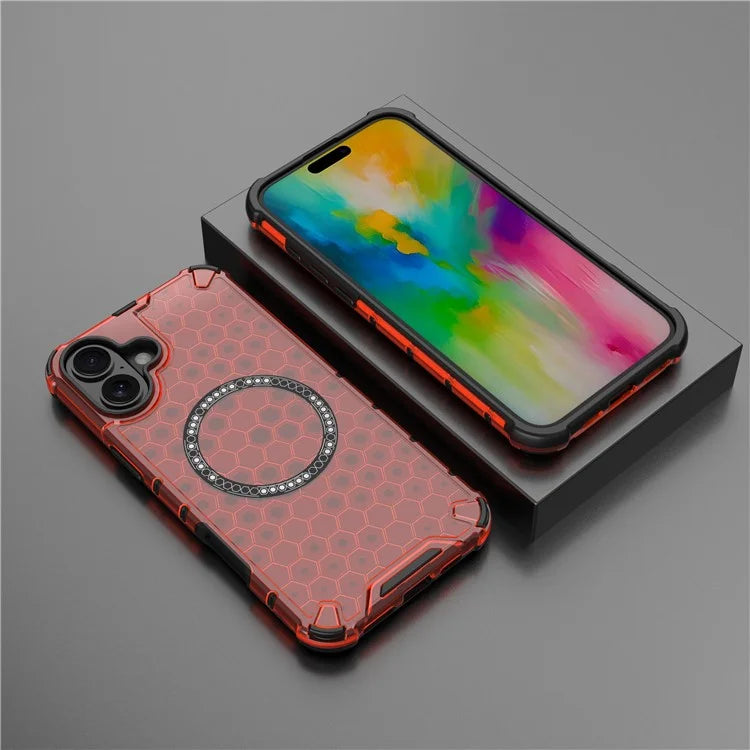 For iPhone 16 Magnetic Case Honeycomb Design TPU+PC Phone Cover Air Cushion Protection
