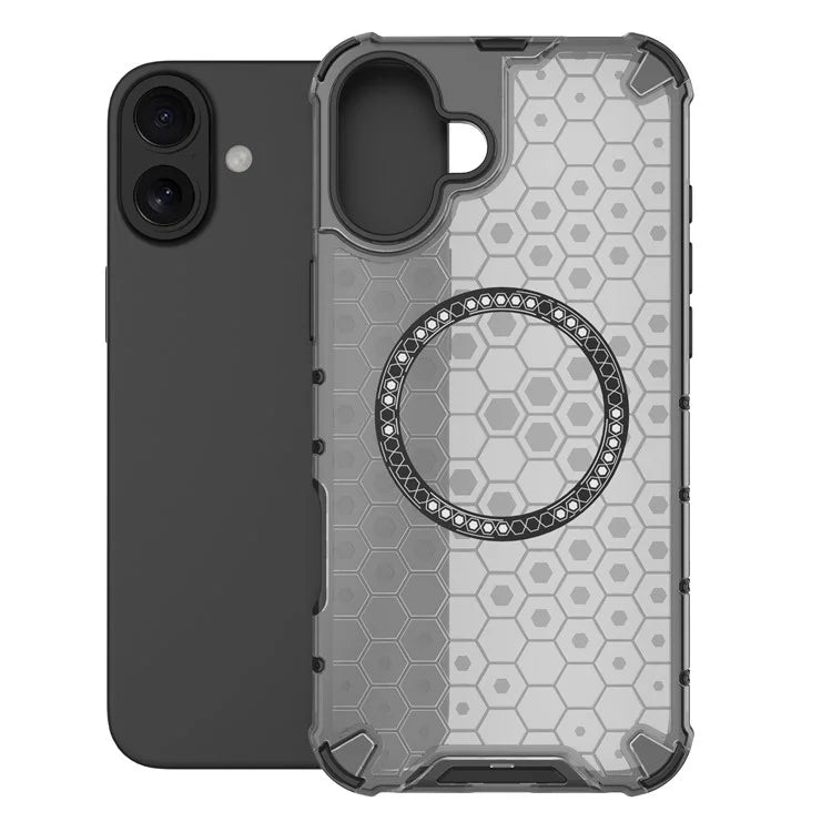 For iPhone 16 Magnetic Case Honeycomb Design TPU+PC Phone Cover Air Cushion Protection