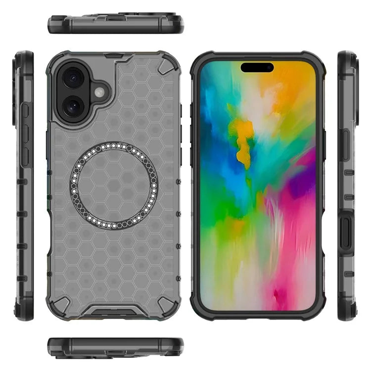 For iPhone 16 Magnetic Case Honeycomb Design TPU+PC Phone Cover Air Cushion Protection