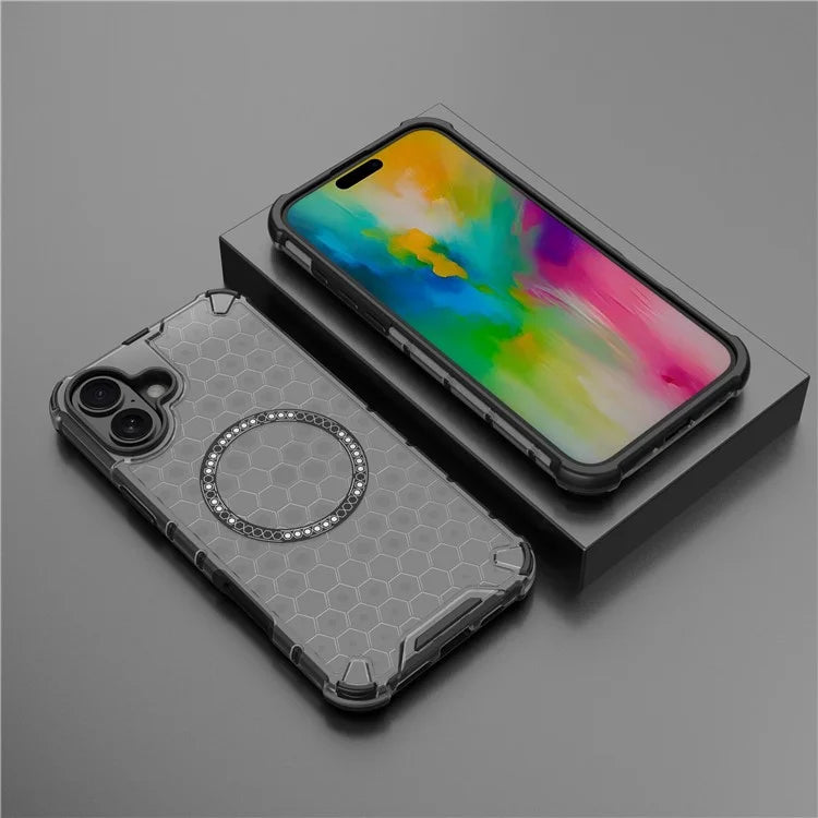 For iPhone 16 Magnetic Case Honeycomb Design TPU+PC Phone Cover Air Cushion Protection
