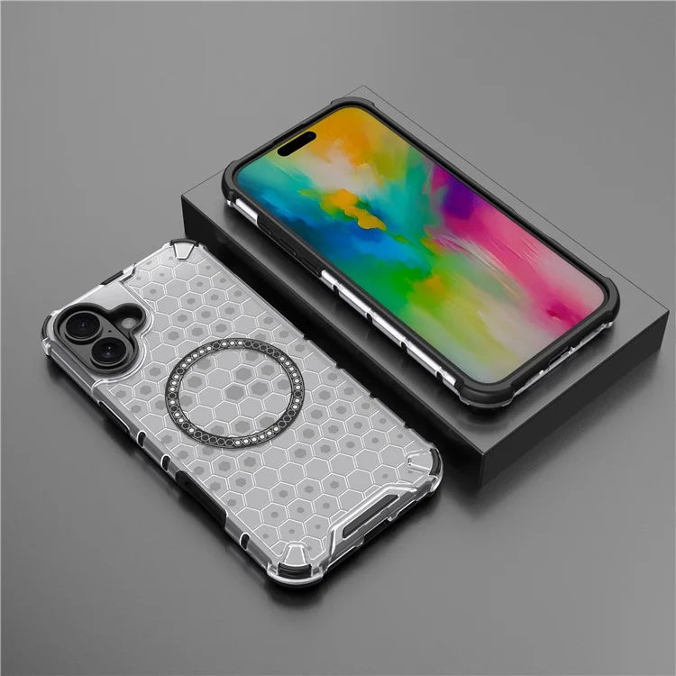 For iPhone 16 Magnetic Case Honeycomb Design TPU+PC Phone Cover Air Cushion Protection