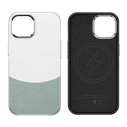 For iPhone 14 Case Compatible with MagSafe Splicing Color Leather Back Cover Metal Buttons