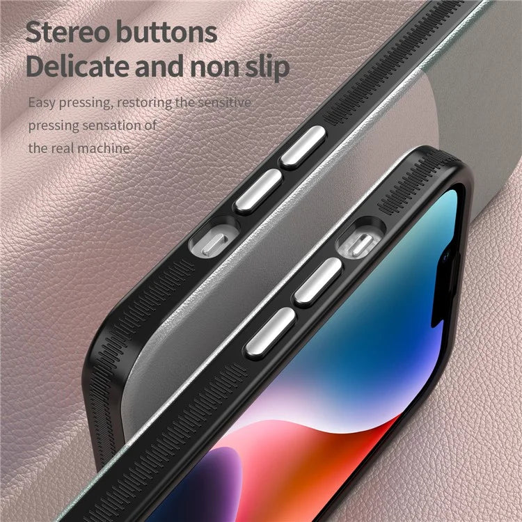 For iPhone 14 Case Compatible with MagSafe Splicing Color Leather Back Cover Metal Buttons