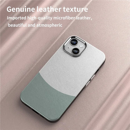 For iPhone 14 Case Compatible with MagSafe Splicing Color Leather Back Cover Metal Buttons