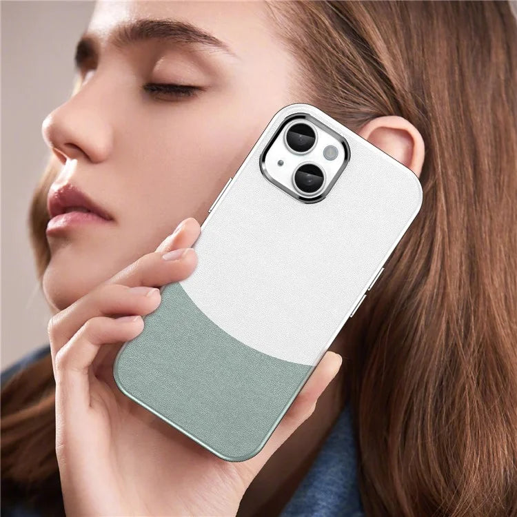 For iPhone 14 Case Compatible with MagSafe Splicing Color Leather Back Cover Metal Buttons