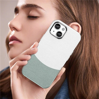 For iPhone 14 Case Compatible with MagSafe Splicing Color Leather Back Cover Metal Buttons