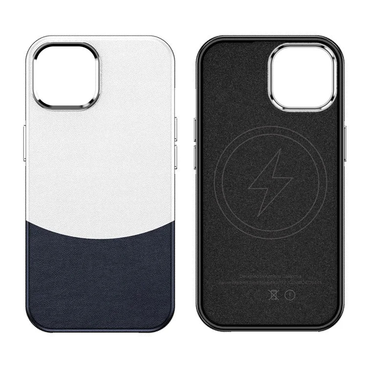 For iPhone 14 Case Compatible with MagSafe Splicing Color Leather Back Cover Metal Buttons