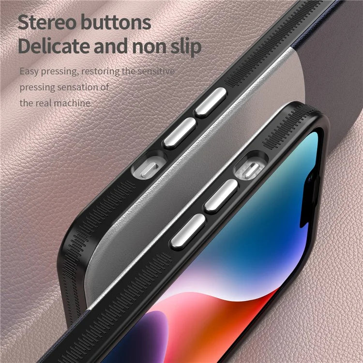 For iPhone 14 Case Compatible with MagSafe Splicing Color Leather Back Cover Metal Buttons