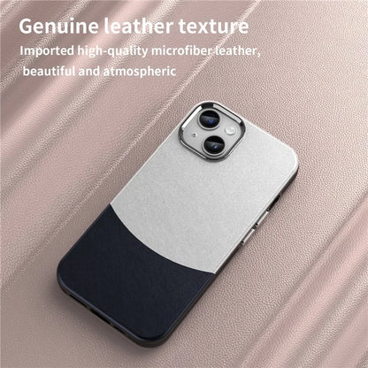 For iPhone 14 Case Compatible with MagSafe Splicing Color Leather Back Cover Metal Buttons