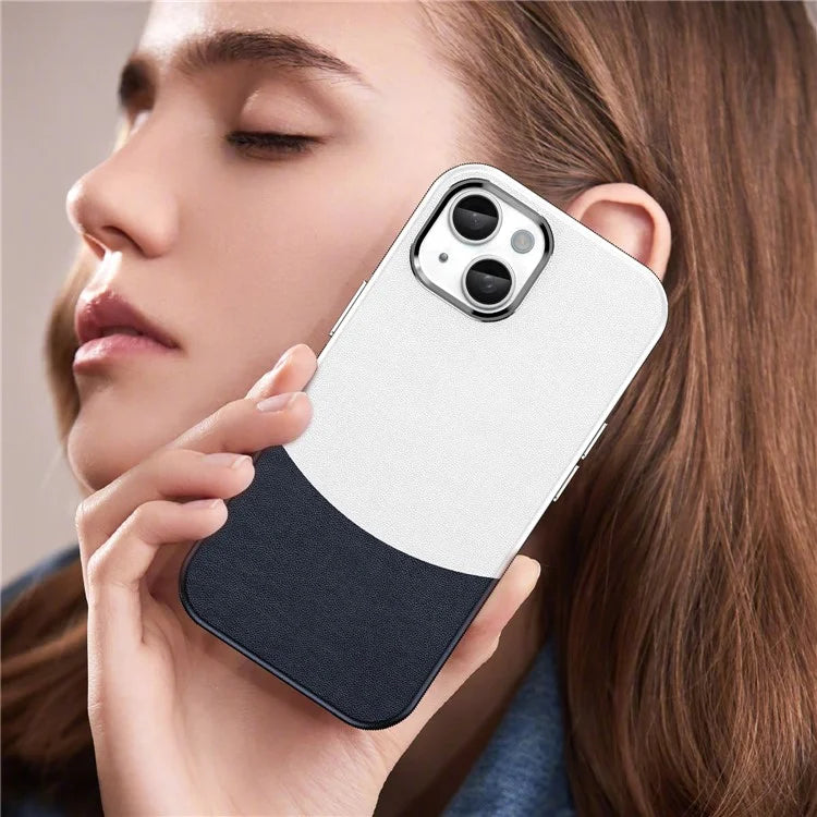 For iPhone 14 Case Compatible with MagSafe Splicing Color Leather Back Cover Metal Buttons