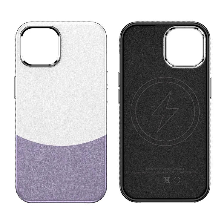 For iPhone 14 Case Compatible with MagSafe Splicing Color Leather Back Cover Metal Buttons
