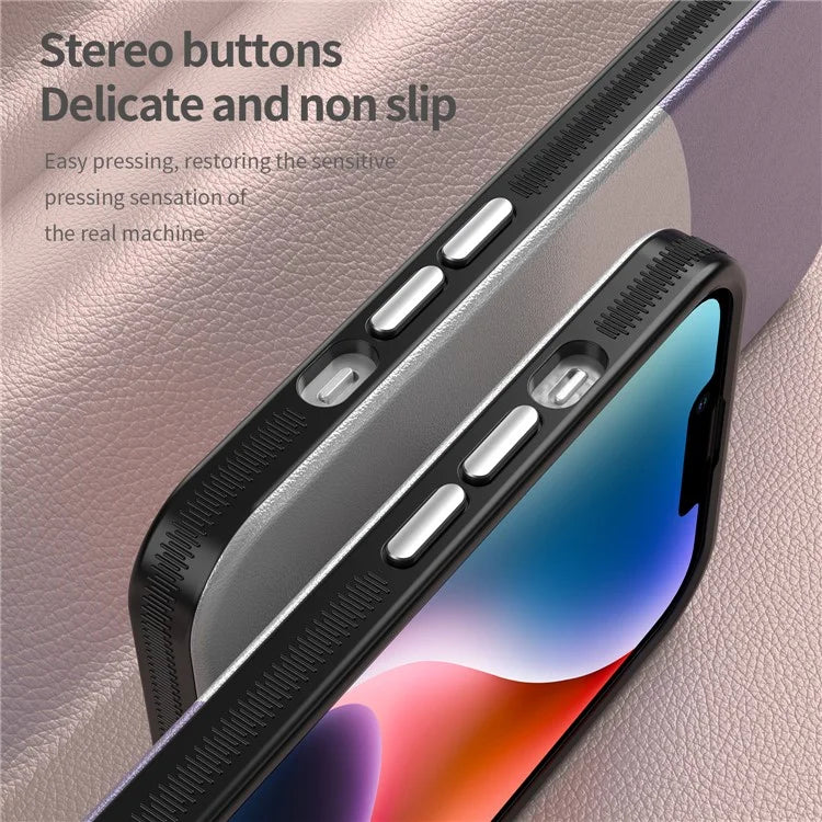 For iPhone 14 Case Compatible with MagSafe Splicing Color Leather Back Cover Metal Buttons