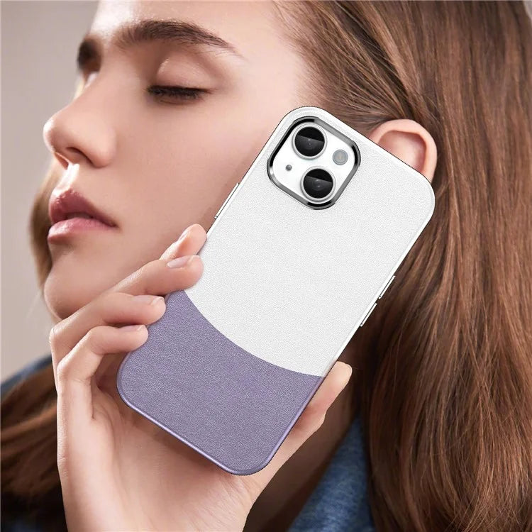 For iPhone 14 Case Compatible with MagSafe Splicing Color Leather Back Cover Metal Buttons