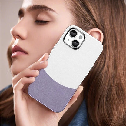 For iPhone 14 Case Compatible with MagSafe Splicing Color Leather Back Cover Metal Buttons