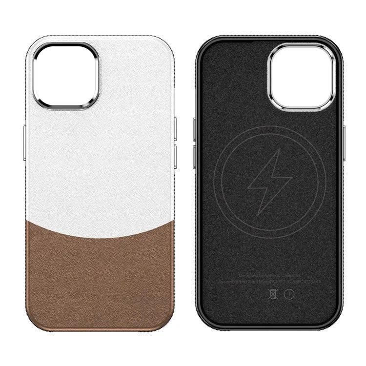 For iPhone 14 Case Compatible with MagSafe Splicing Color Leather Back Cover Metal Buttons