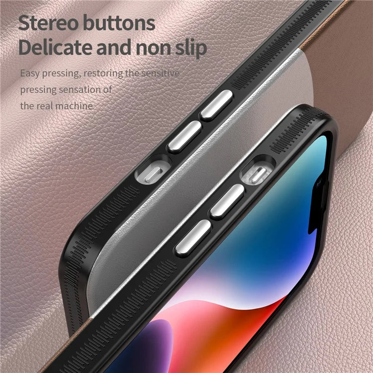 For iPhone 14 Case Compatible with MagSafe Splicing Color Leather Back Cover Metal Buttons