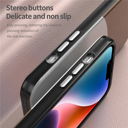 For iPhone 14 Case Compatible with MagSafe Splicing Color Leather Back Cover Metal Buttons