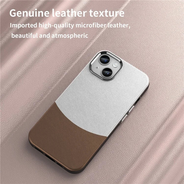 For iPhone 14 Case Compatible with MagSafe Splicing Color Leather Back Cover Metal Buttons