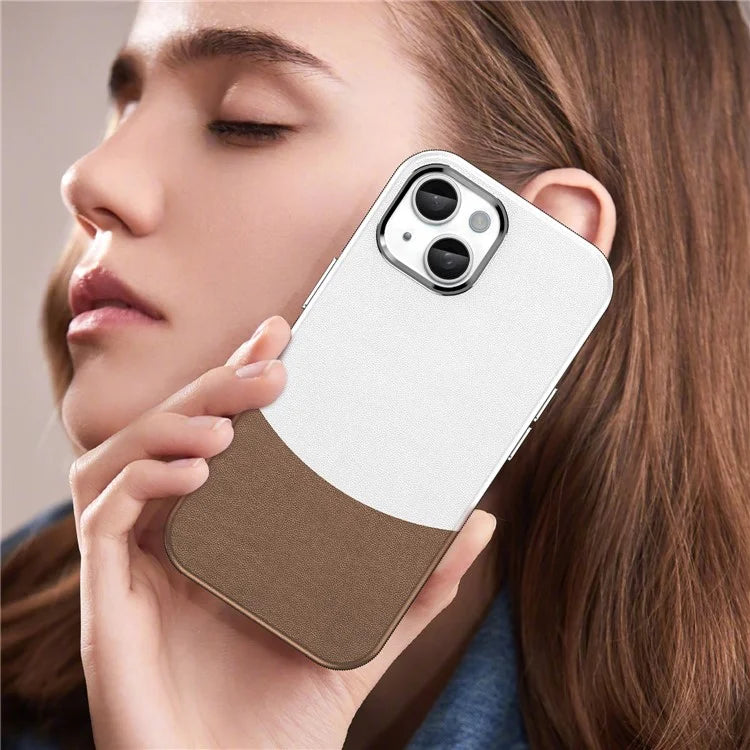 For iPhone 14 Case Compatible with MagSafe Splicing Color Leather Back Cover Metal Buttons