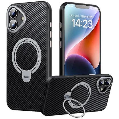 For iPhone 16 Case Compatible with MagSafe PC+TPU Phone Cover Ring Holder Carbon Fiber Texture