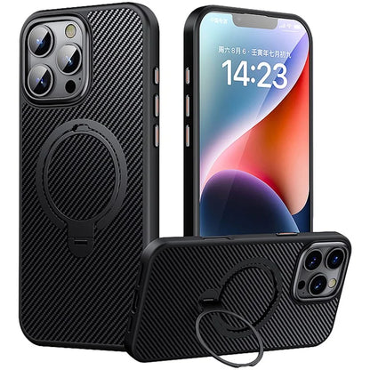 For iPhone 16 Pro Max Magnetic Case Carbon Fiber Texture PC+TPU Phone Cover Rotatable Kickstand
