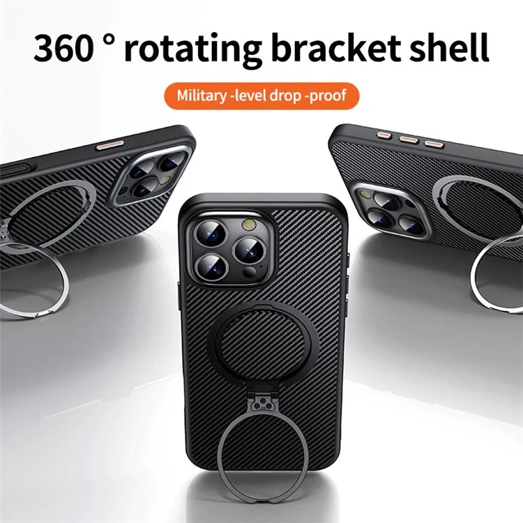 For iPhone 16 Pro Max Magnetic Case Carbon Fiber Texture PC+TPU Phone Cover Rotatable Kickstand