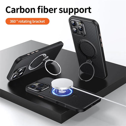 For iPhone 16 Pro Max Magnetic Case Carbon Fiber Texture PC+TPU Phone Cover Rotatable Kickstand