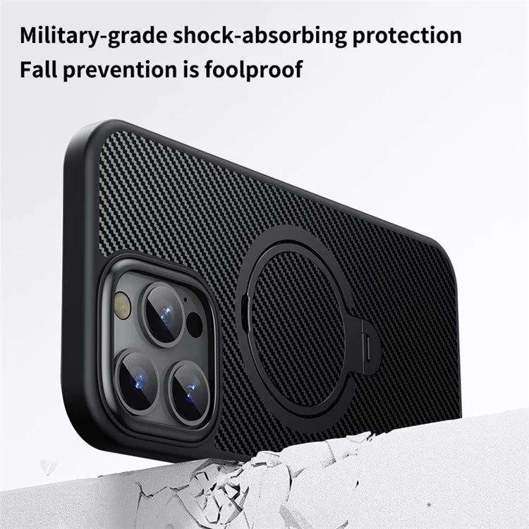 For iPhone 16 Pro Max Magnetic Case Carbon Fiber Texture PC+TPU Phone Cover Rotatable Kickstand
