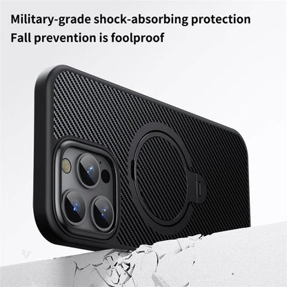 For iPhone 16 Pro Max Magnetic Case Carbon Fiber Texture PC+TPU Phone Cover Rotatable Kickstand